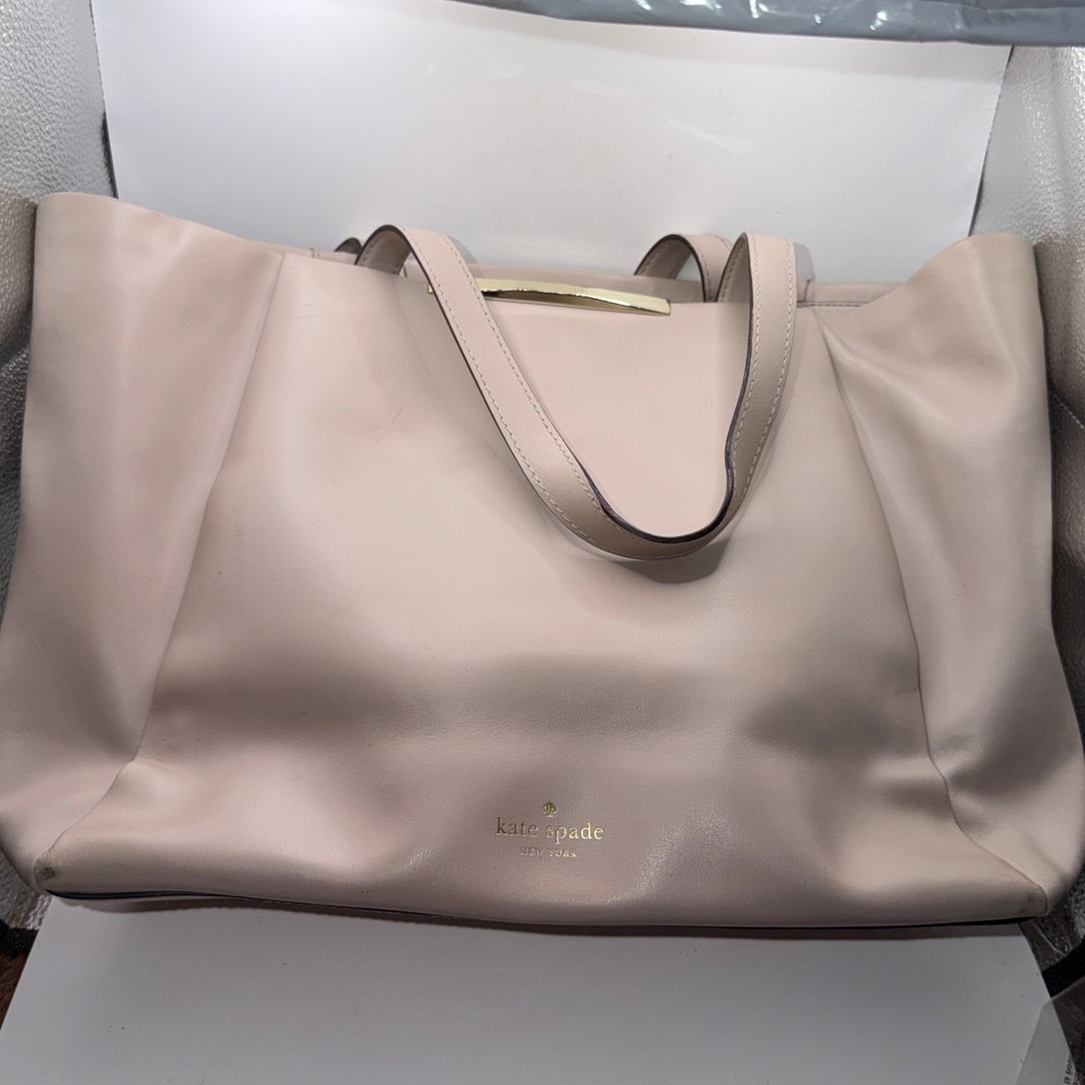 Kate Spade Large Pink Leather Tote Bag Gold Bar Accent Office Chic PXRU4829